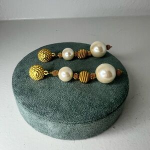 Vintage Classic Faux Pearl Textured Gold Plate Long Dangle Drop Earrings